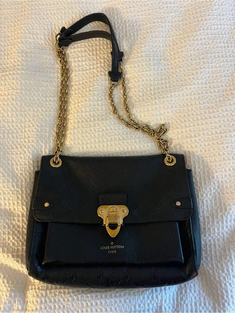 Louis Vuitton Black Leather Shoulder Bag with Gold Hardware